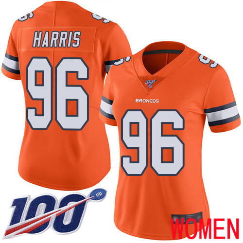 Women Denver Broncos 96 Shelby Harris Limited Orange Rush Vapor Untouchable 100th Season Football NFL Jersey